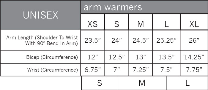 Pearl Izumi Arm Warmer Size Chart