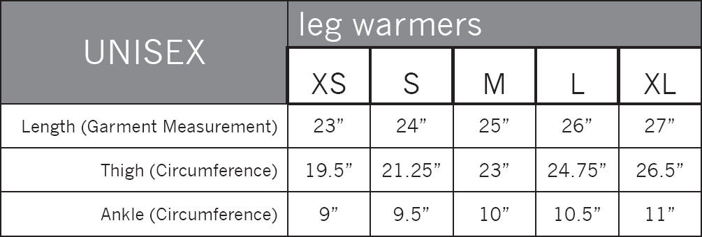 Leg Warmer Sizing Chart