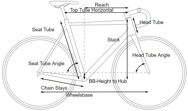 bike frame with labeled dimensions
