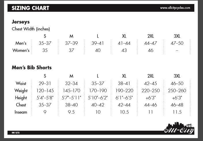 All-City Men's and Women's Sizing Chart