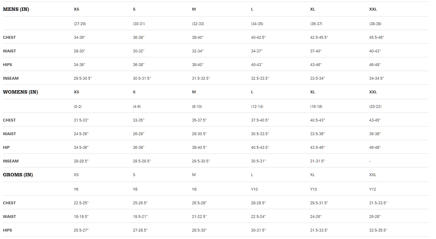 Sombrio apparel sizing chart