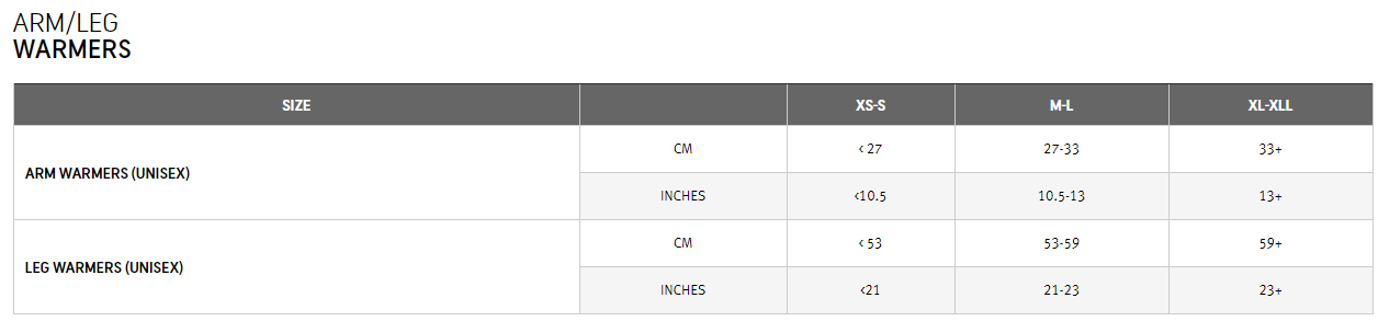 Gore Arm and Leg Warmers sizing chart