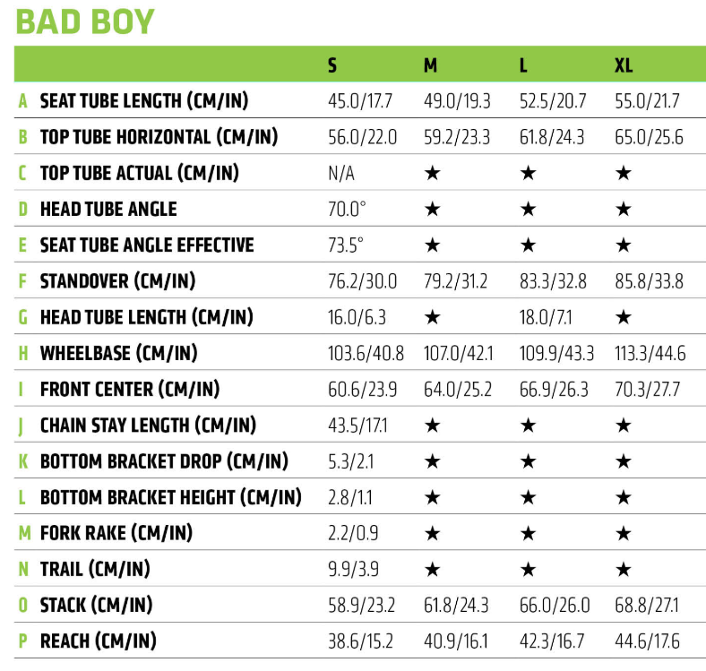 Cannondale Bad Boy geometry chart