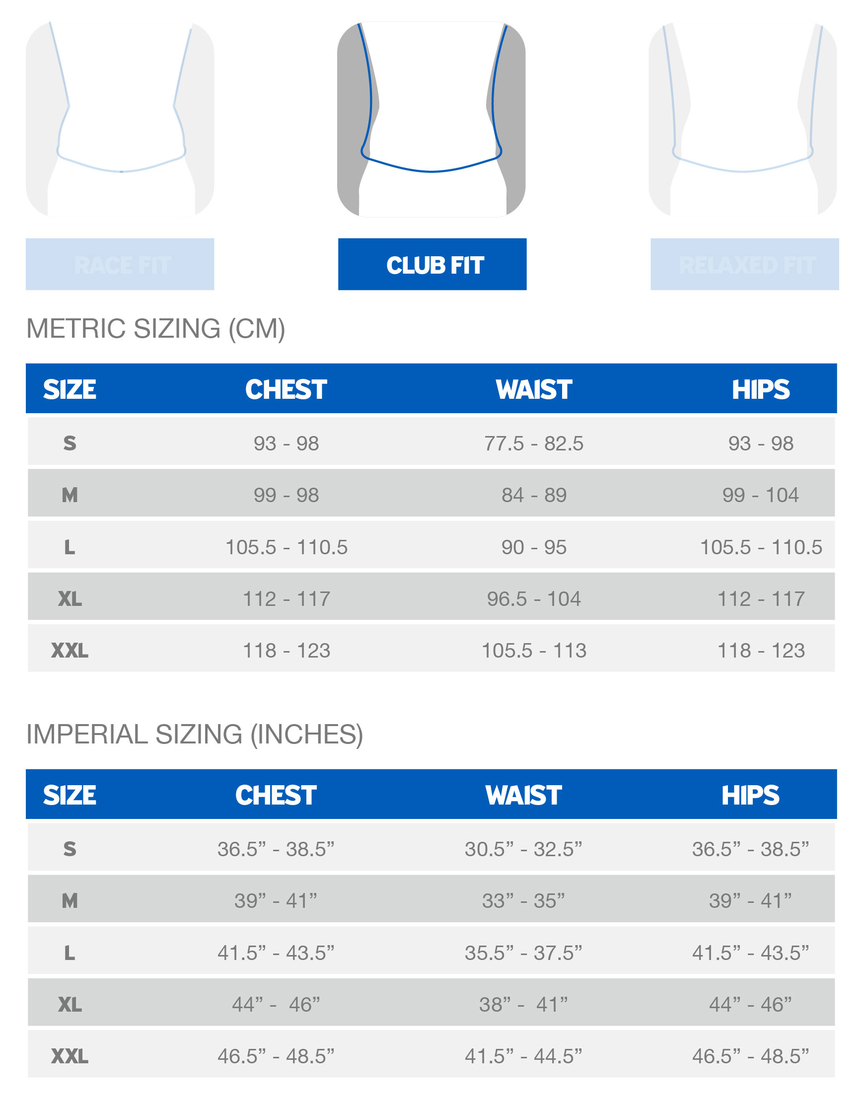 Giant Men's Club Fit sizing chart