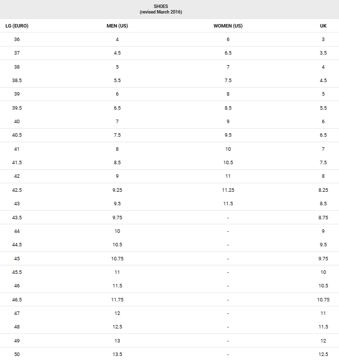 Garneau Shoe Size Chart