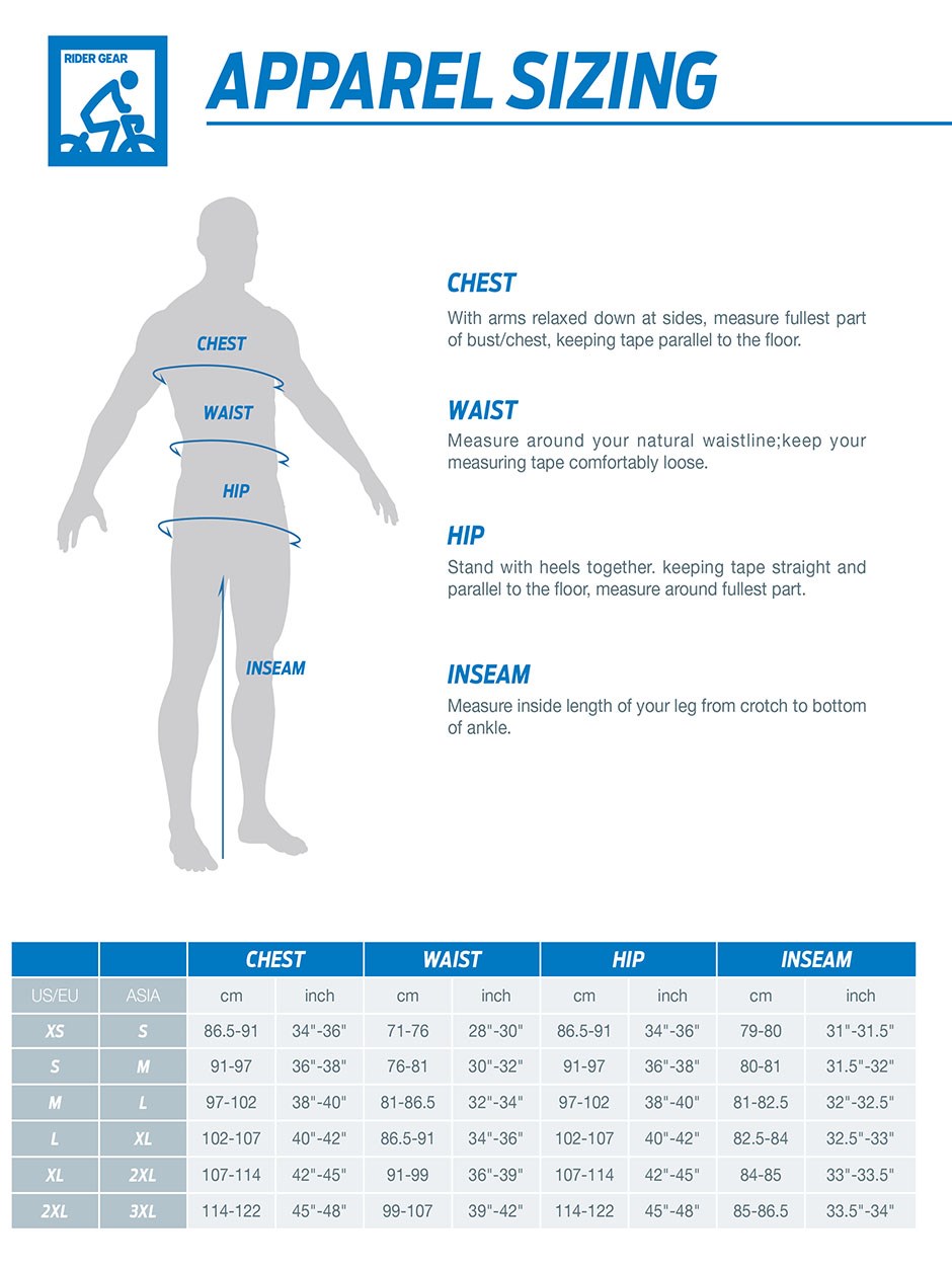 Giant Apparel sizing chart