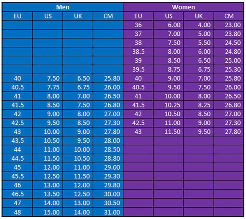 Giant Line MES Composite Sole Off-Road Shoe sizing chart