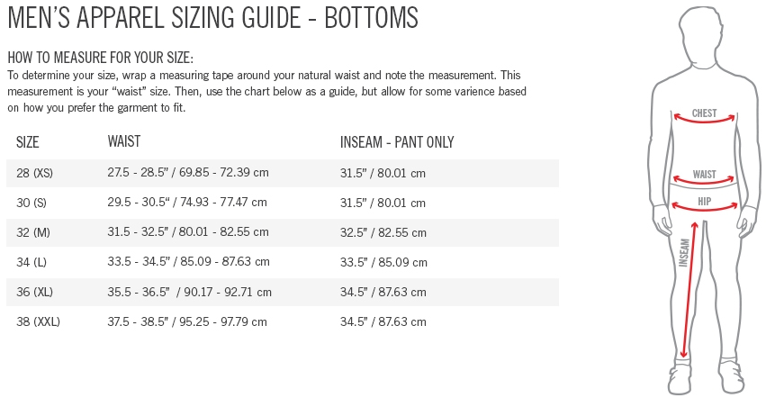 Giro Men's Bottoms sizing chart