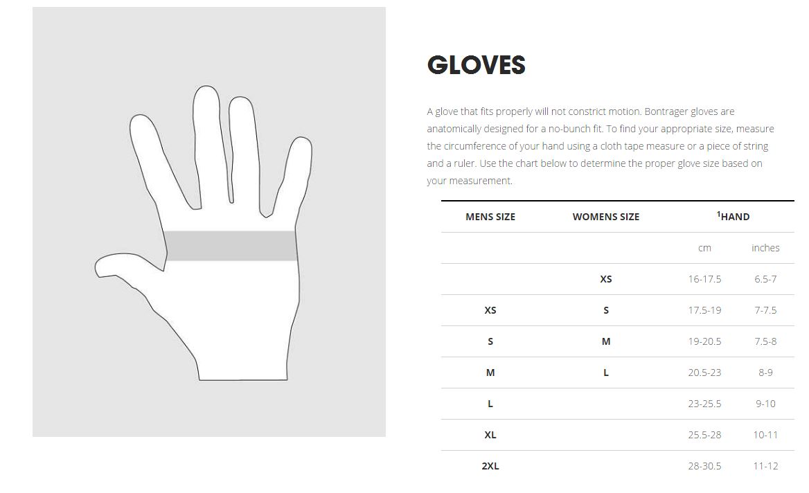 Bontrager Gloves sizing chart