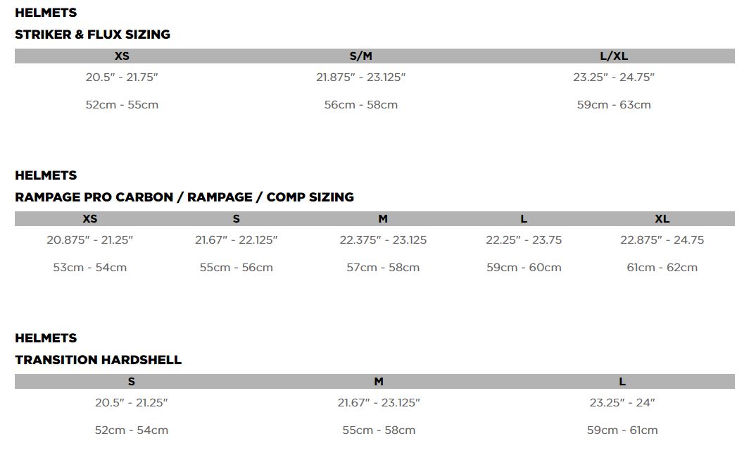 Fox Proframe Size Chart