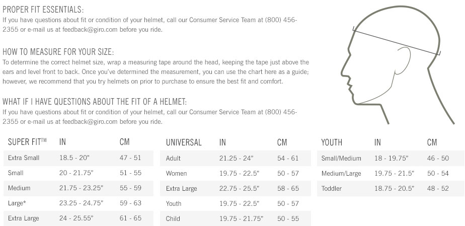 Giro Crue Mips Size Chart