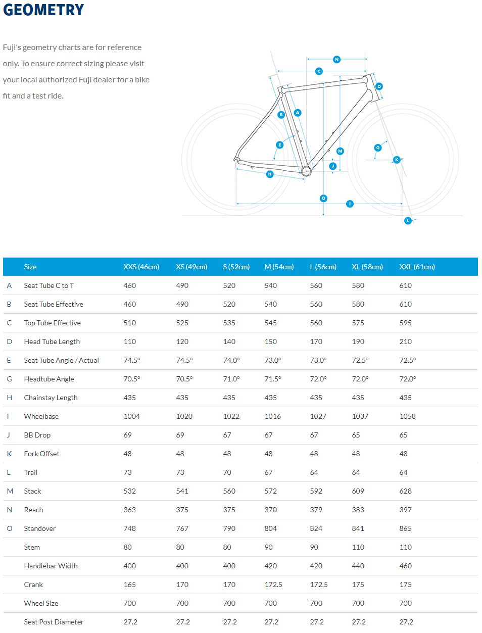 Fuji Size Chart Road Bike