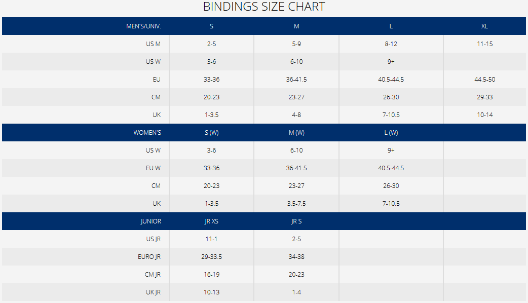 K2 Sonic Bindings Size Chart