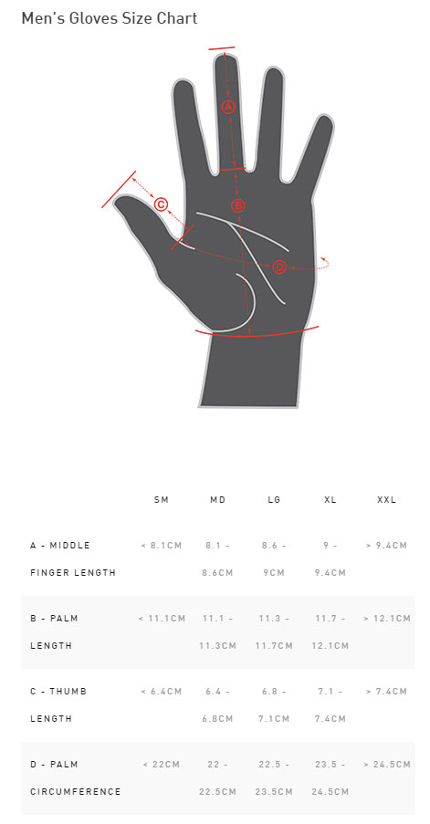 Specialized BG Gel Glove Sizing Chart