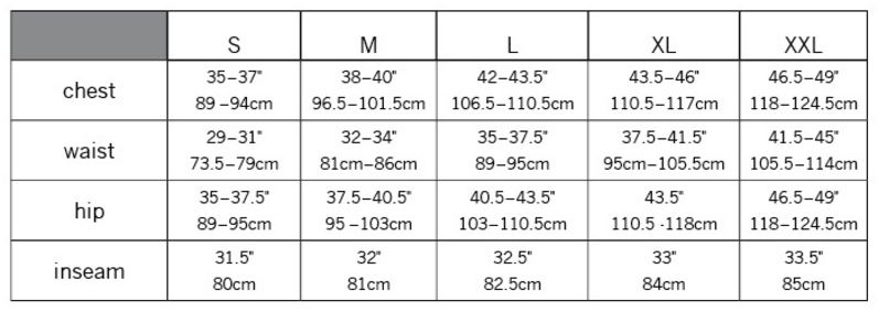 Pearl Izumi Men's Apparel sizing chart