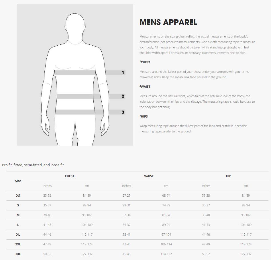 Bontrager Men's Apparel Sizing Guide