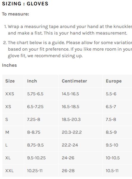 Bellwether glove sizing chart