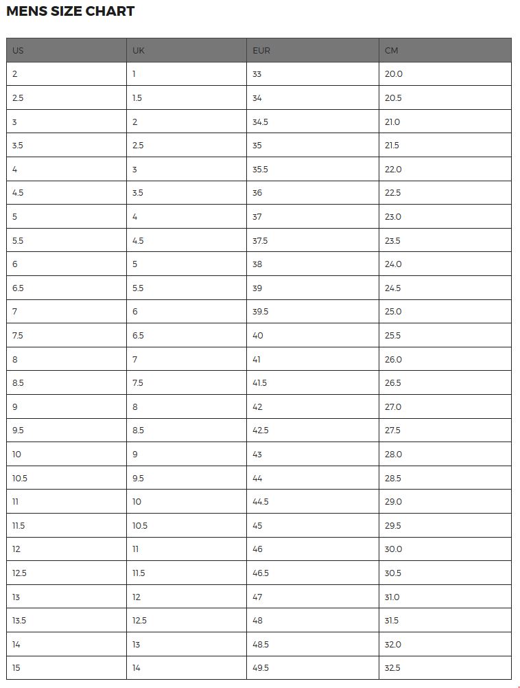 Spitfire Size Chart