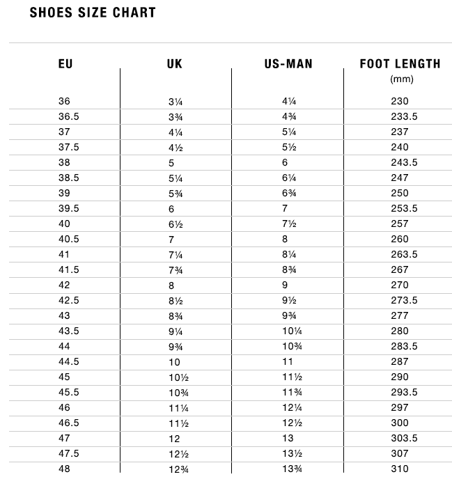 Fizik Shoe Size Chart