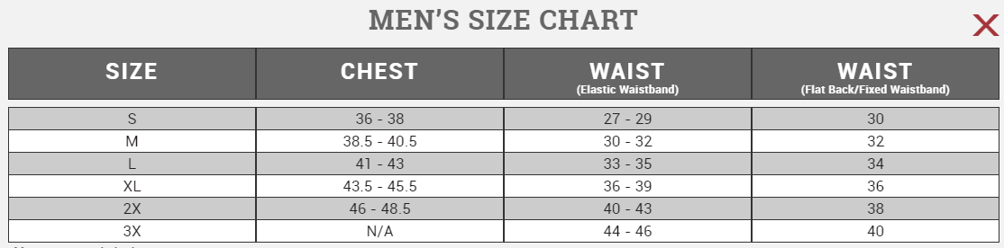 Size chart Canari Men's 2017