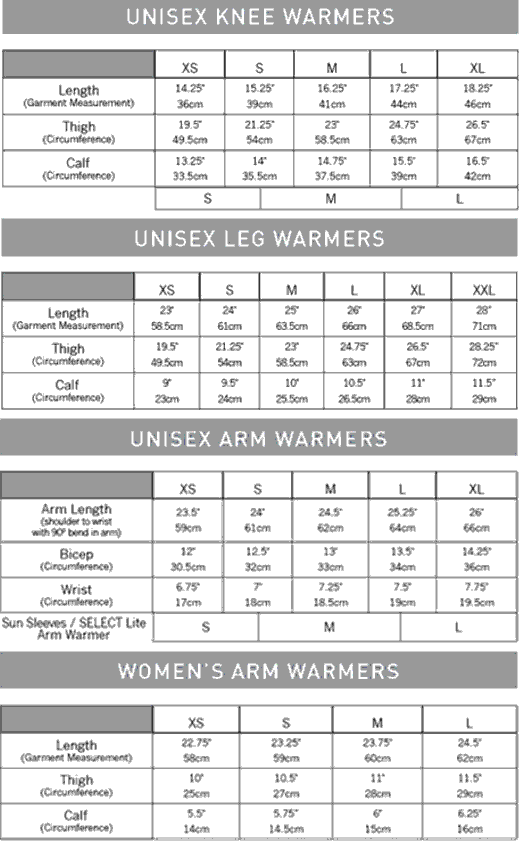 Pearl Izumi Arm Warmers Size Chart