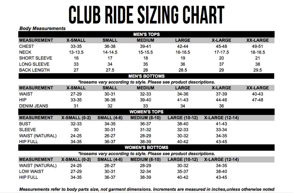 Club ride sizing chart