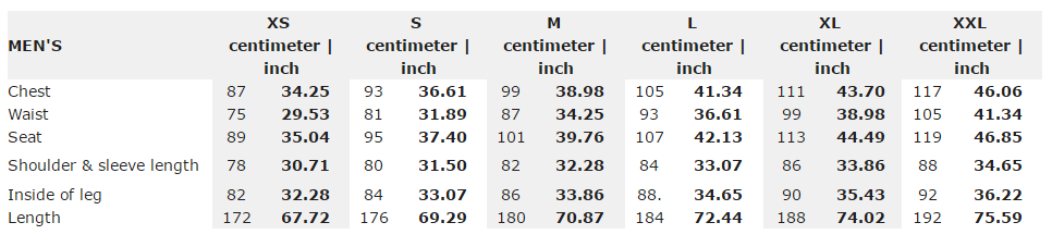 Craft men's sizing chart