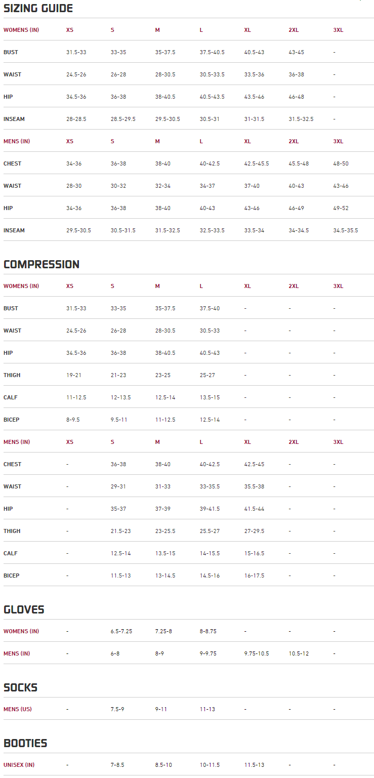 Sugoi Clothing Sizing Chart