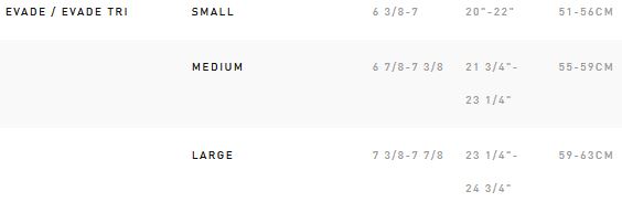 S Works Evade Size Chart