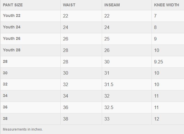 Youth Pants Size Chart