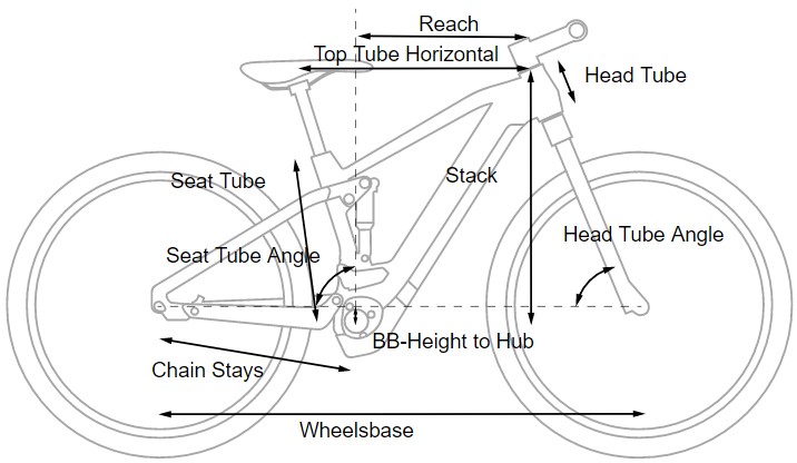 bike frame with labeled dimensions