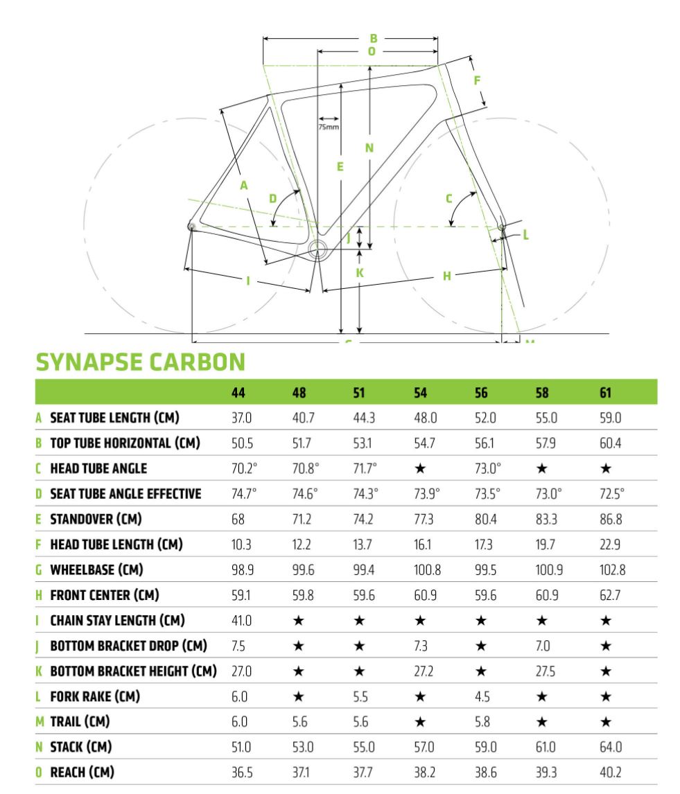 Cannondale Synapse carbon geometry chart