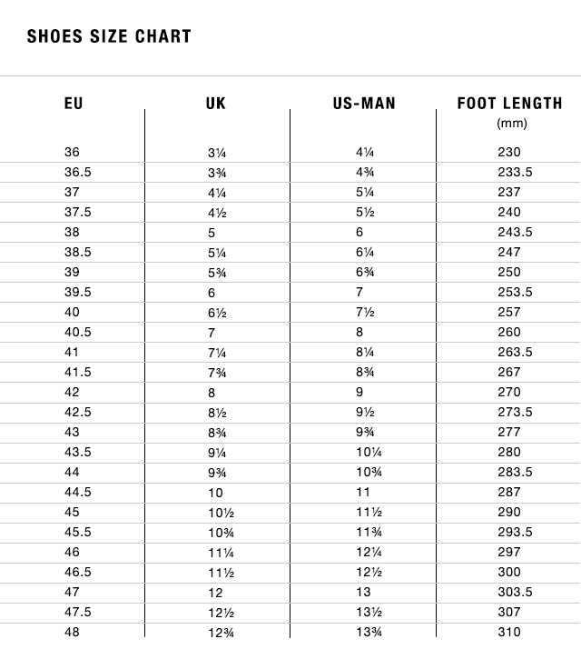 Fizik Infinito R1 Size Chart