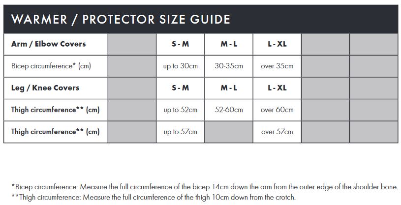 Endura Warmer/Protector size guide