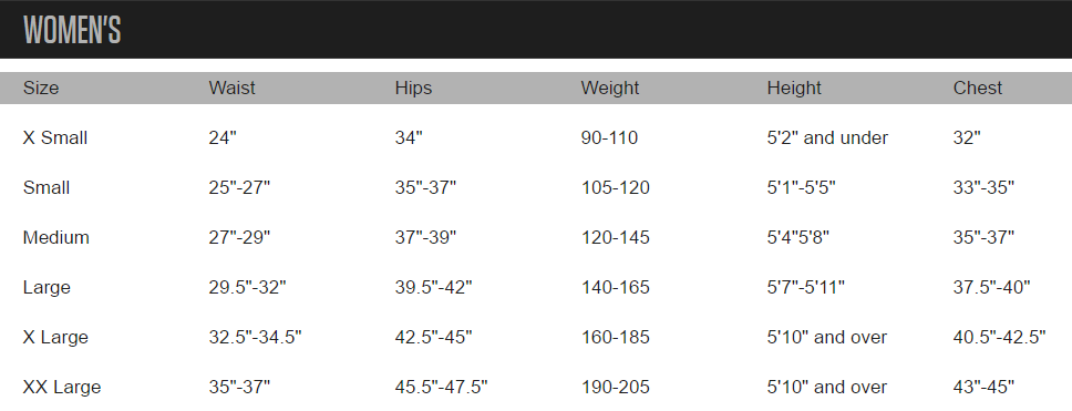 Primal Wear Women's Size Chart