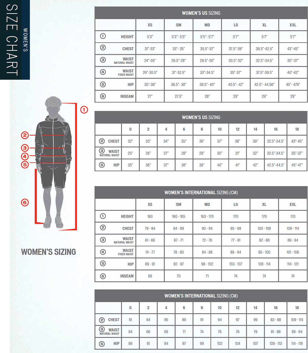Specialized Women's apparel sizing chart