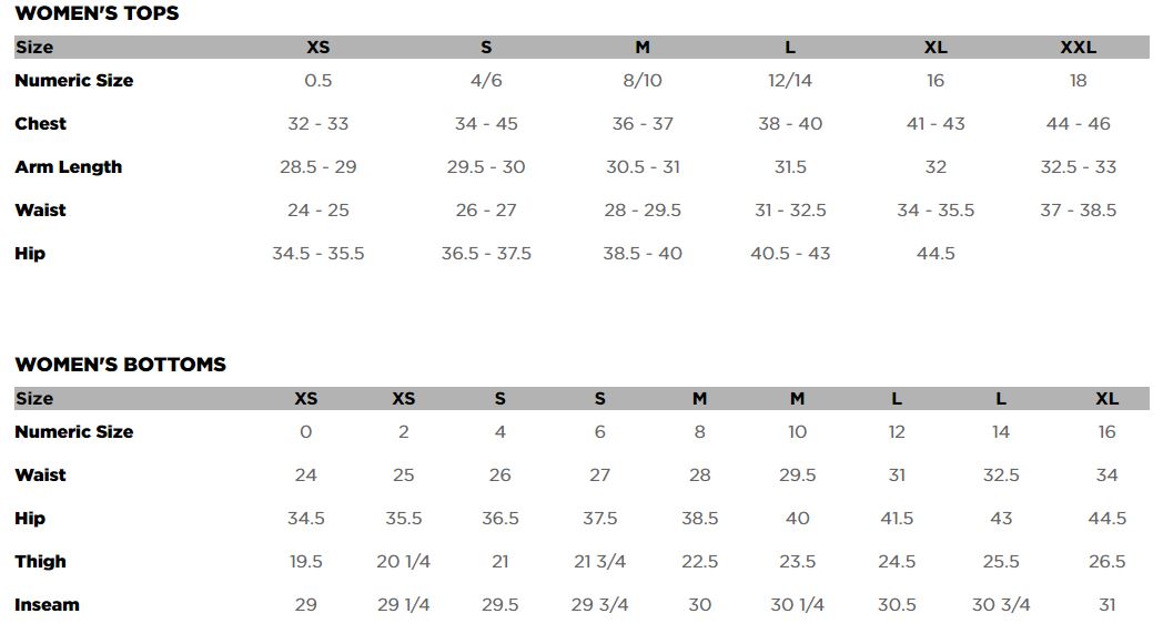 Fox Womens Clothing Size Chart