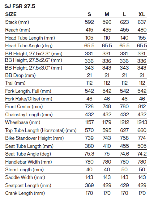 Stumpjumper Size Chart