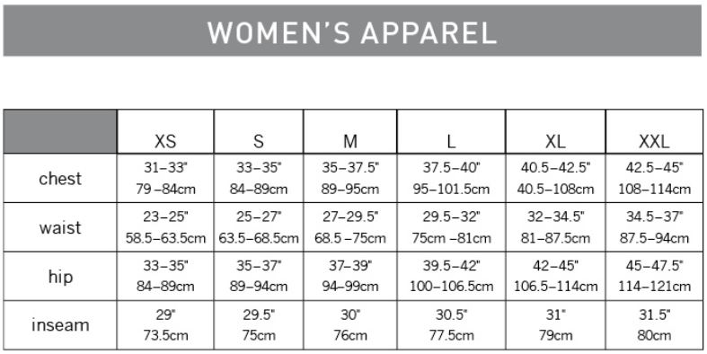 Pearl Izumi Women's Apparel sizing chart