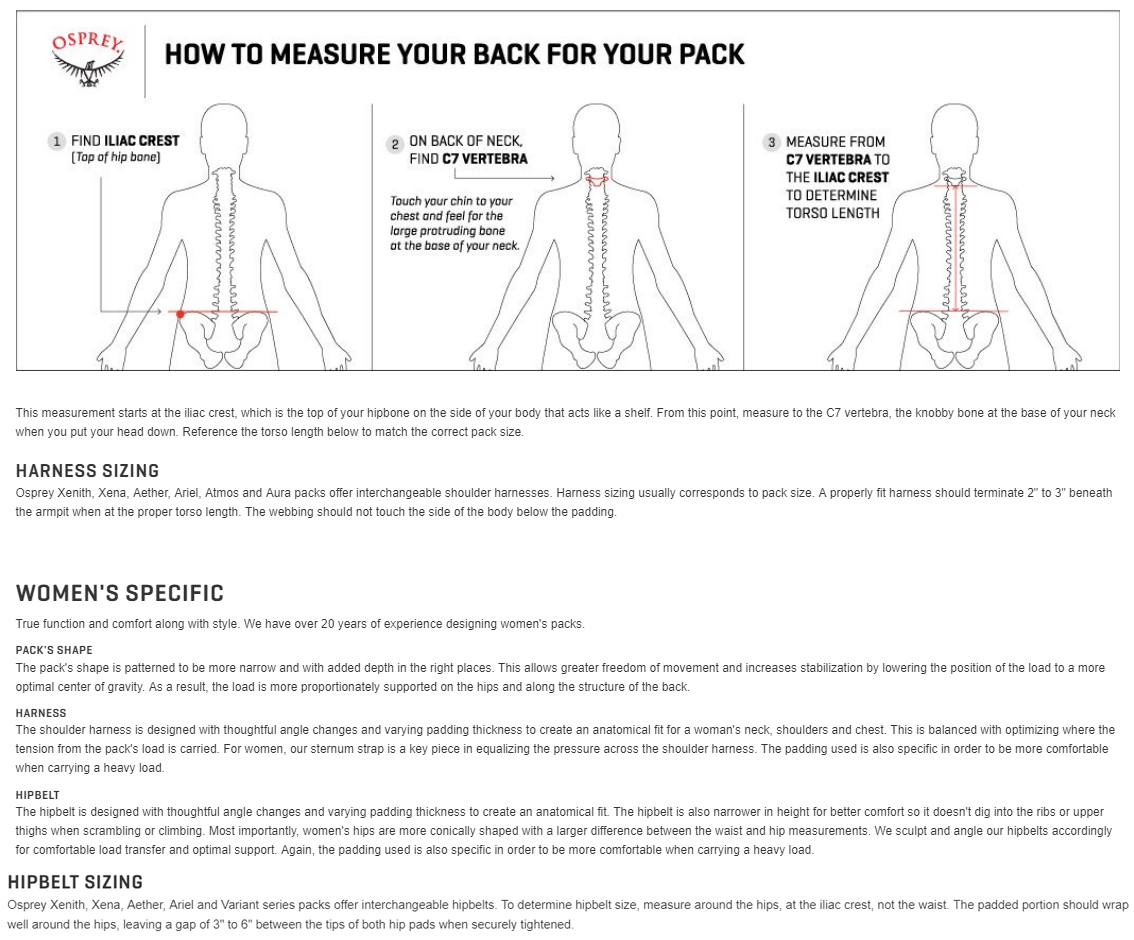 Osprey Size Chart