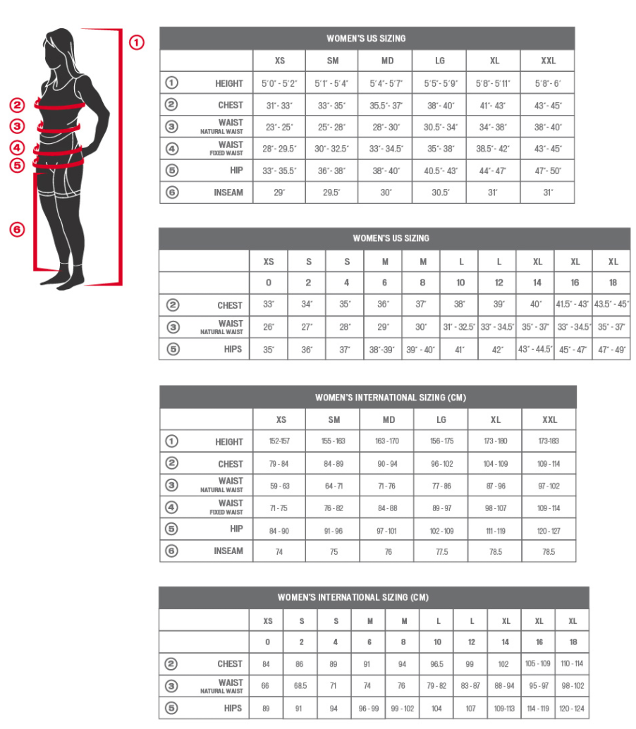 Specialized Women's apparel sizing chart