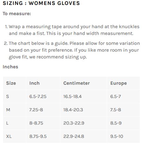 Bellwether Women's Gloves sizing chart