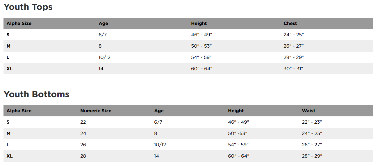 Fox Youth Size Chart