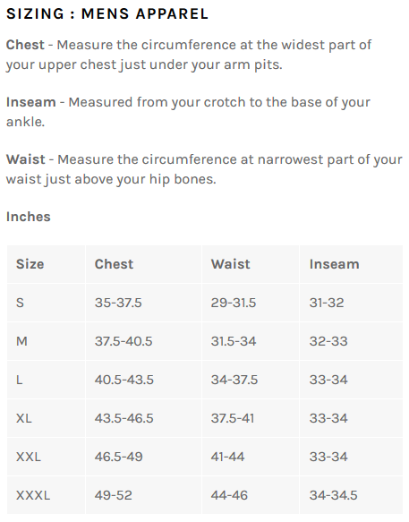 Bellwether men's sizing chart