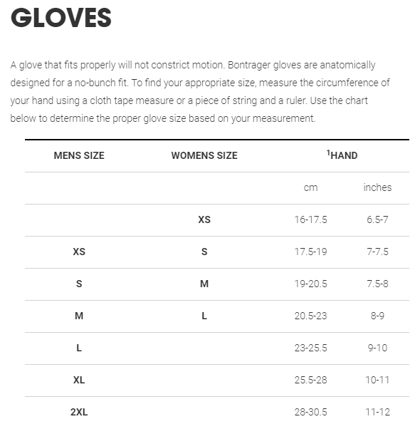 Bontrager gloves sizing chart