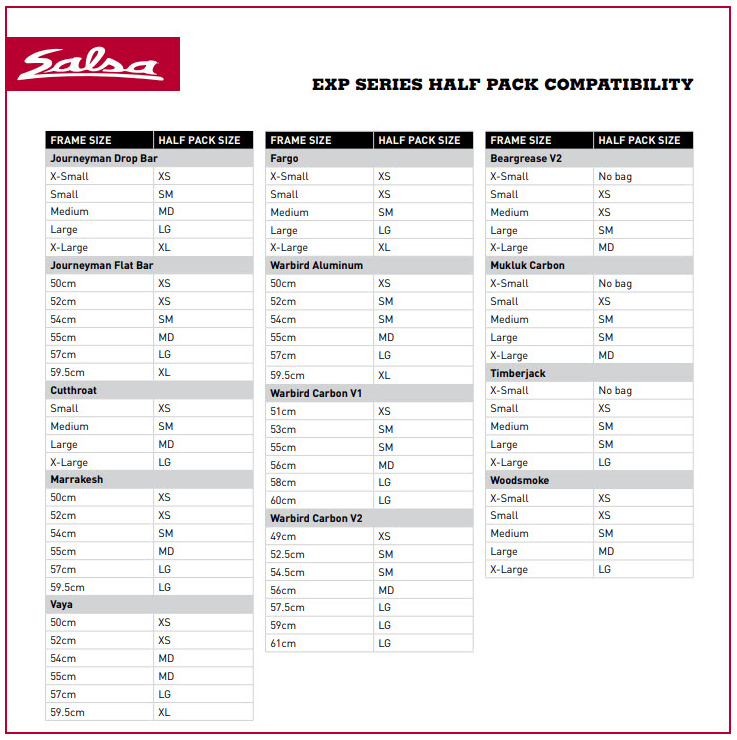 Salsa Cutthroat Size Chart