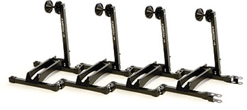 Several of Feedback Sports' Rakk Display Stands clipped together.