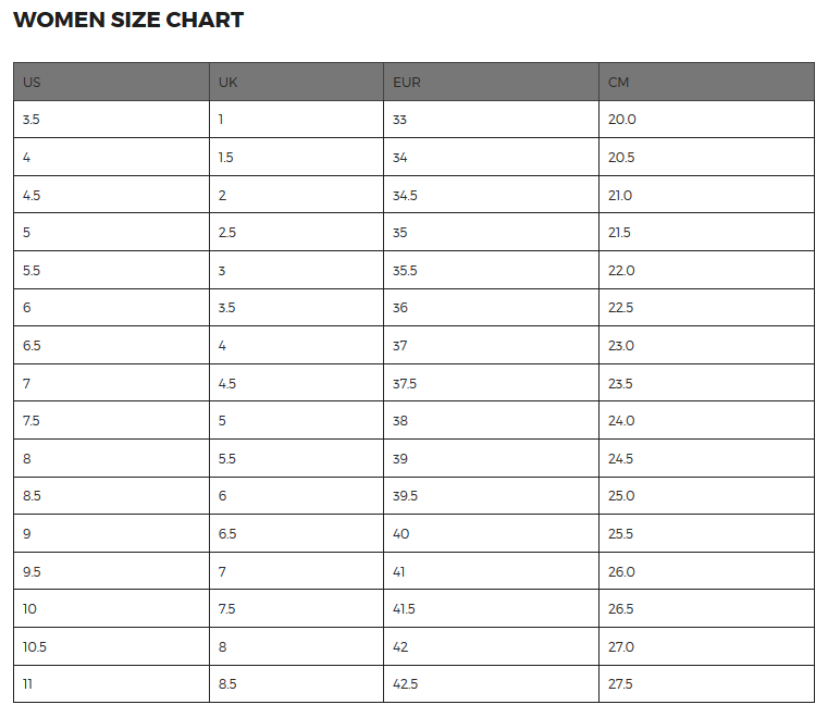 Five Ten Size Chart Cm