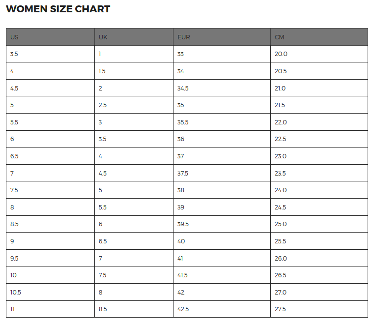 Five Ten women's sizing chart