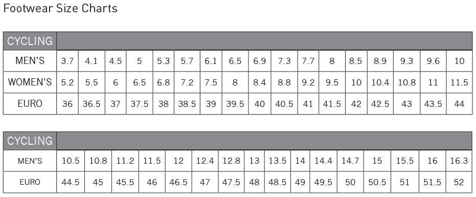 Pearl Izumi Footwear sizing chart